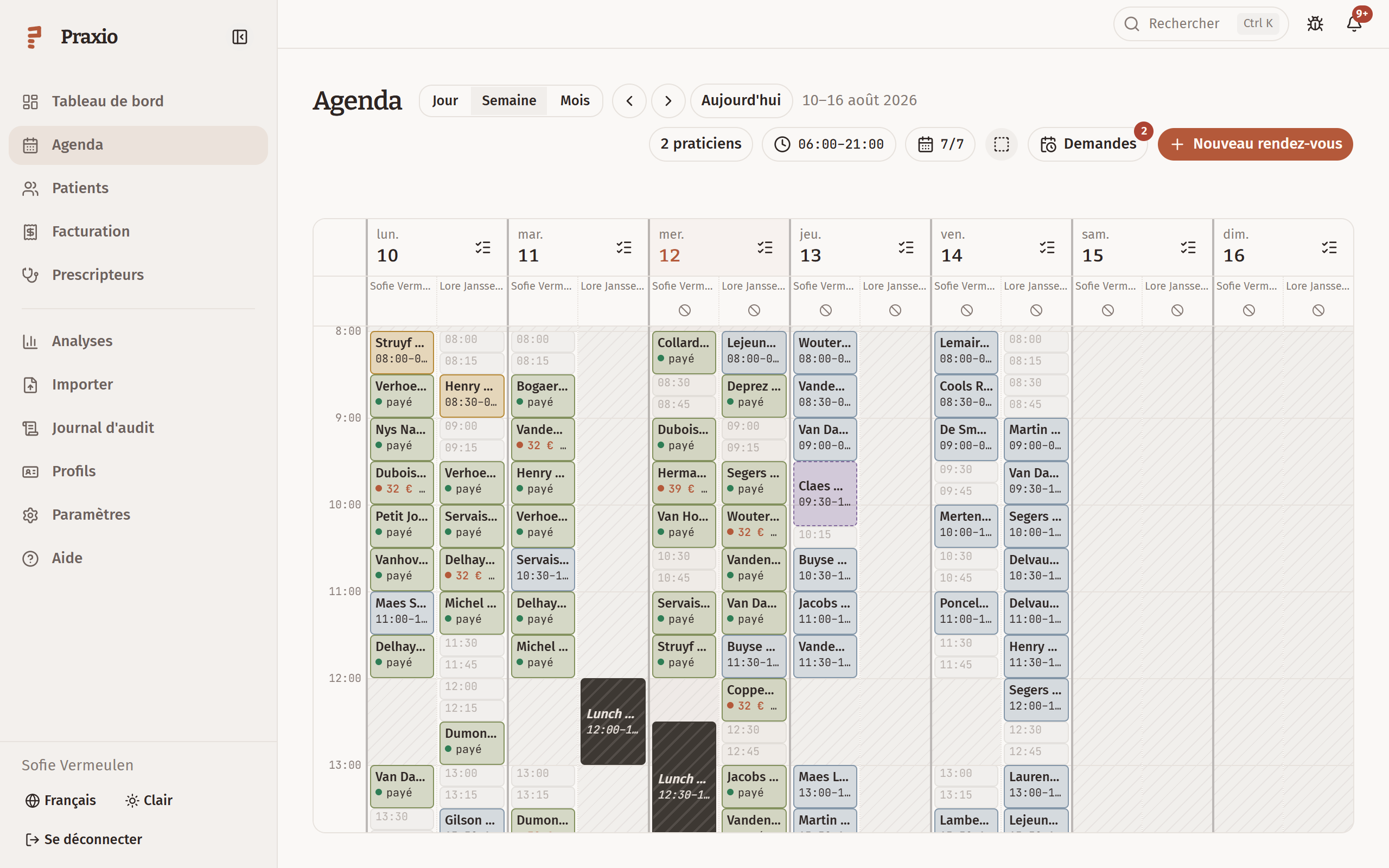 L'agenda Praxio, une colonne par praticien